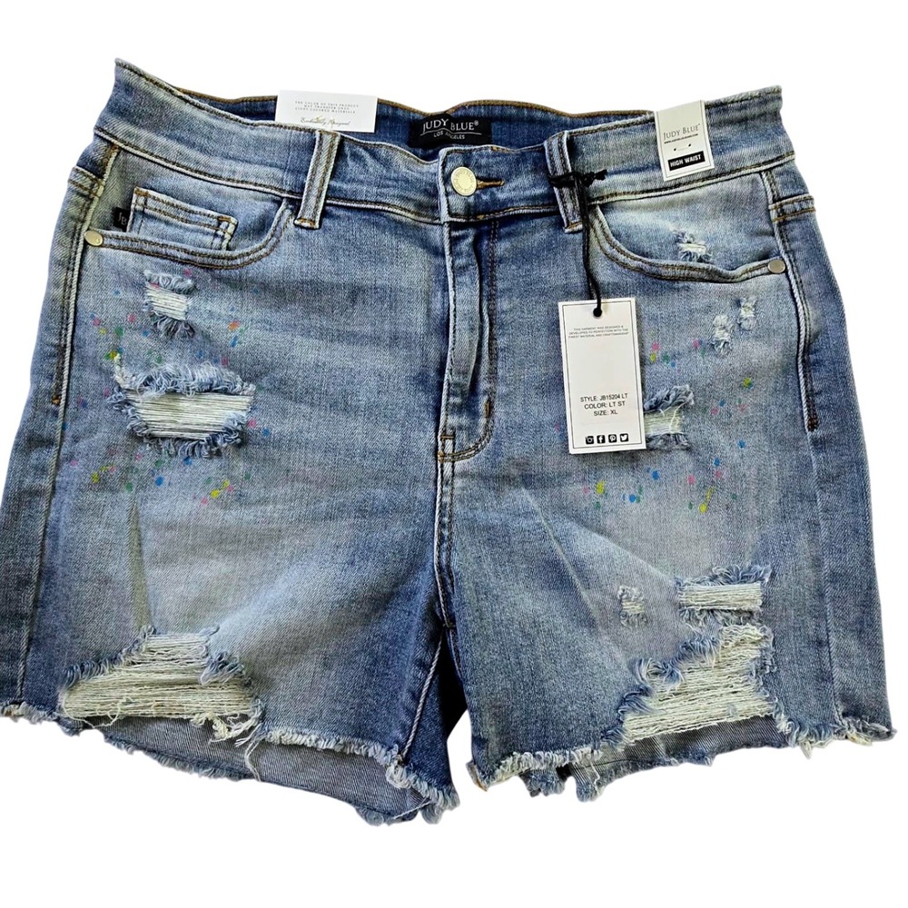 Judy Blue XL High Waist Paint Splatter Distressed Denim Shorts JB15204 LT NEW